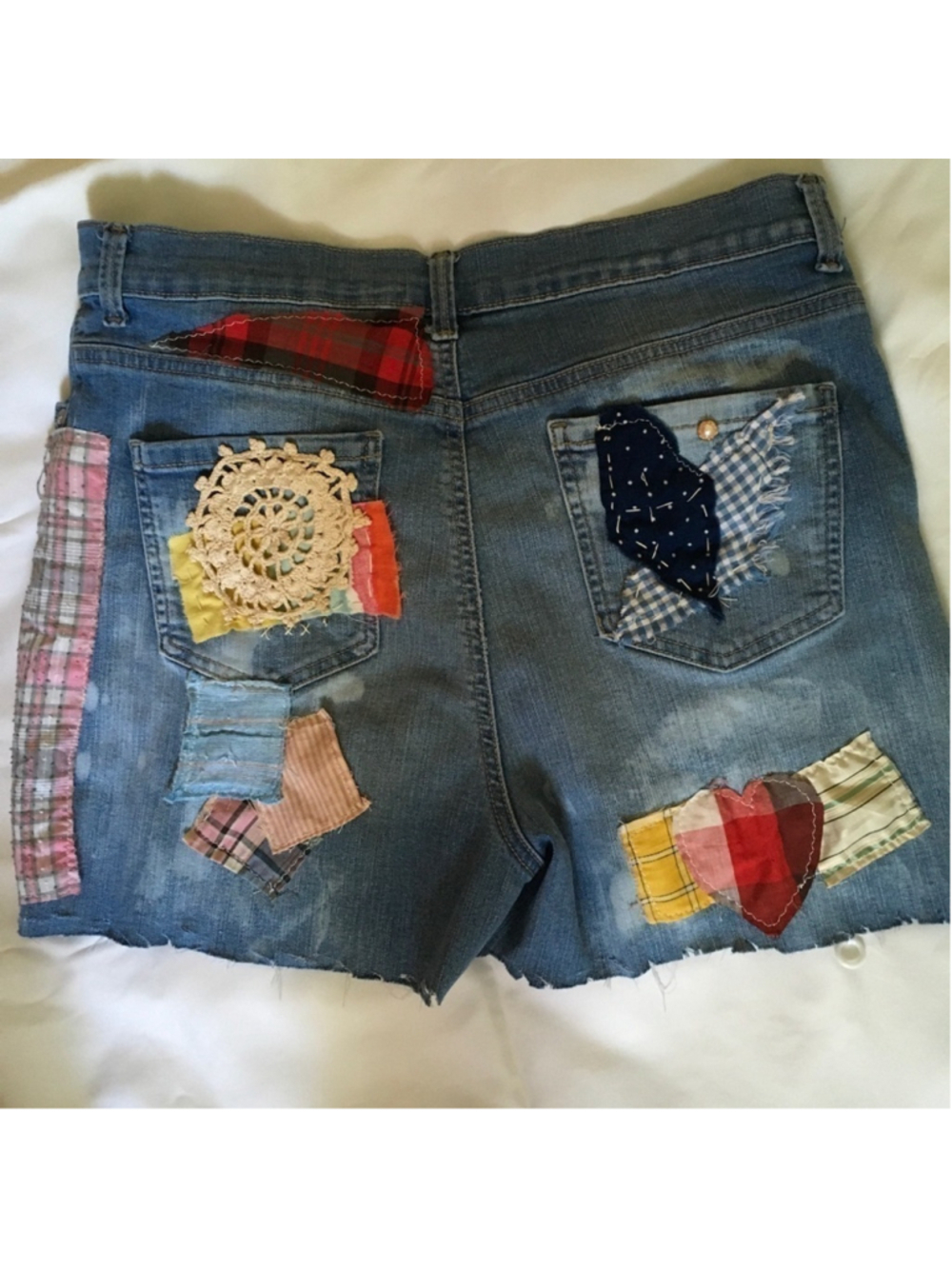 Upcycled Reworked Patchwork Denim Shorts Size 12 - Picture 8 of 14